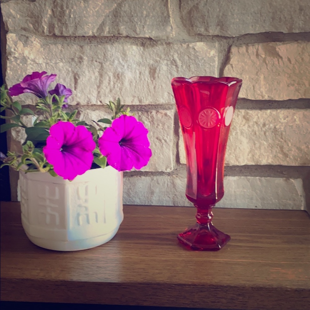 Vintage Fostoria Coin Ruby Red Glass Bud Vase 8"